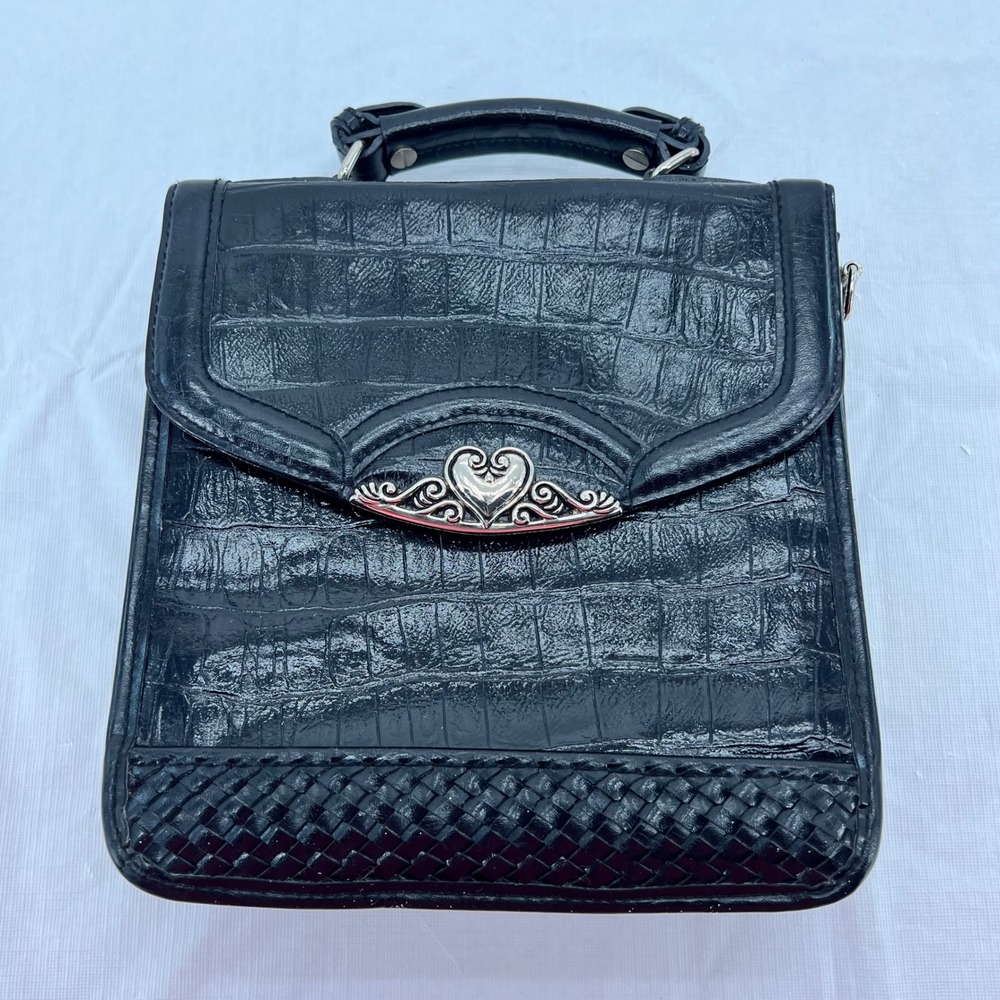 MC brighton Vintage Black Faux‎ Croc Top Handle Bag Silver Heart Filigree Clasp